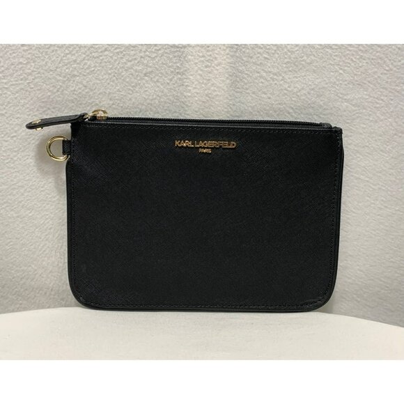 NEW Karl Lagerfeld Slim Zip Clutch Pouch Faux Leather Black New Without Tags - Picture 1 of 12
